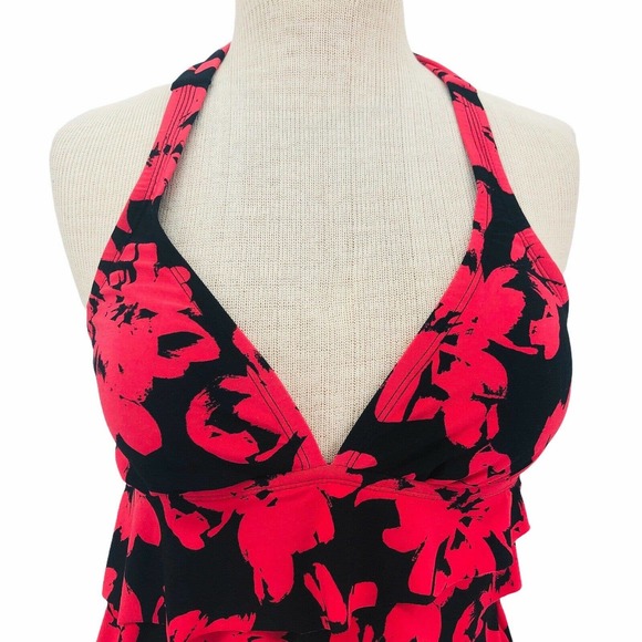 Aqua Green NEW Red Black Tiered Ruffle Front Halter Tankini Swim Top Size Small - Picture 3 of 9